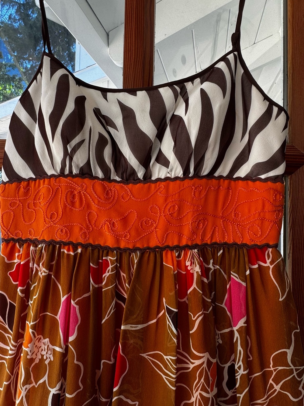 Max & Cleo Brown Orange Floral Tiered Dress with Pink Accents, Size 6